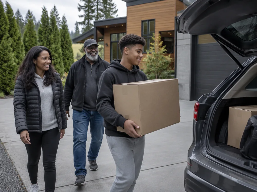 Teenage grandson carrying a moving box to an SUV while his mom and grandfather walk beside him in an evergreen-lined driveway