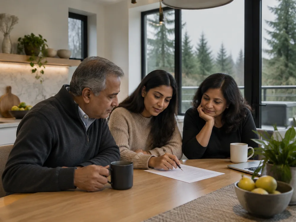 Family going over a checklist at a light wood kitchen table, with evergreens outside a large window